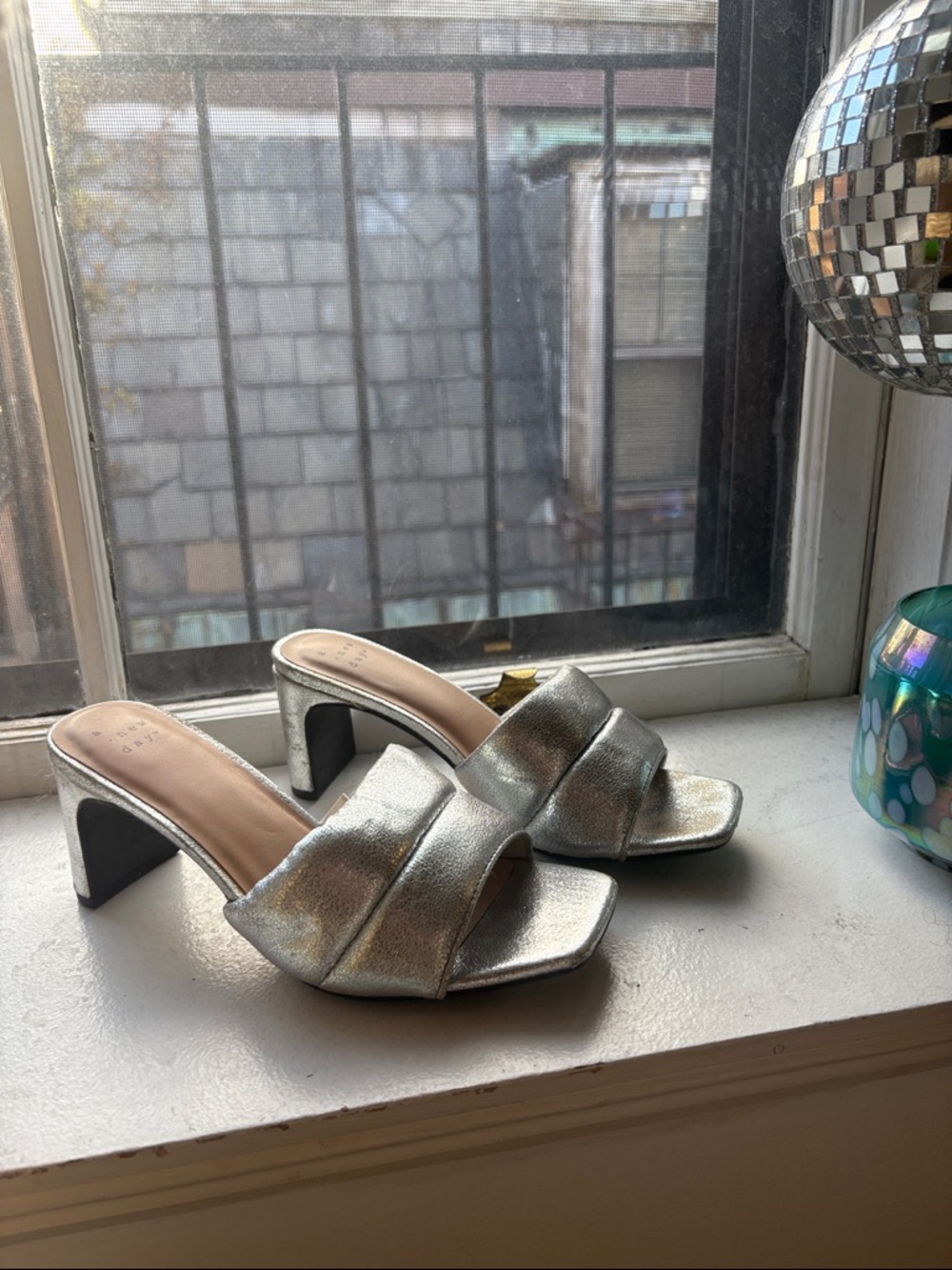a new day Silver Metallic Block Heel Slide Mules